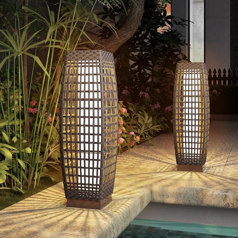 Grand patio Outdoor Floor Lamp Solar Powered Lantern Water-Resistant Wicker Deck Light for Garden or Porch - Medium Fuji, Silver Gray - Image 1